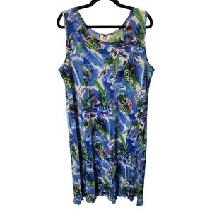 Vintage Fashion Code Tropical Dress Women One Size Blue Pleated Swim Coverup USA